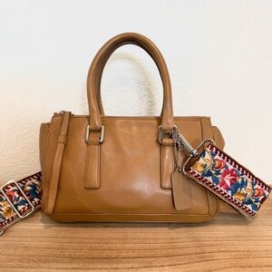 Coach Vintage Bonnie Legacy Small Zip Tan Leather Satchel with Embroidered Strap